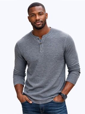 R&R Casuals Wool Blend Thermal Henley Shirt Men’s XL Gray Waffle Knit Basics